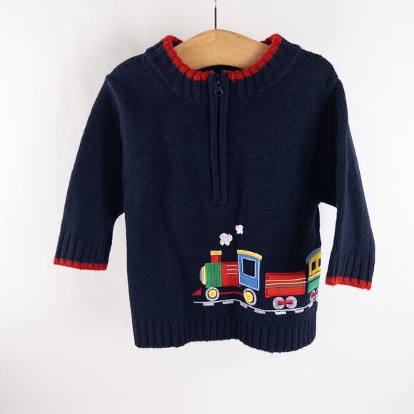 Vintage B.T. Kids Y2K Knit Train Quarter Zip Sweater Navy Red Baby‎ Sz 6-9m - Picture 1 of 8